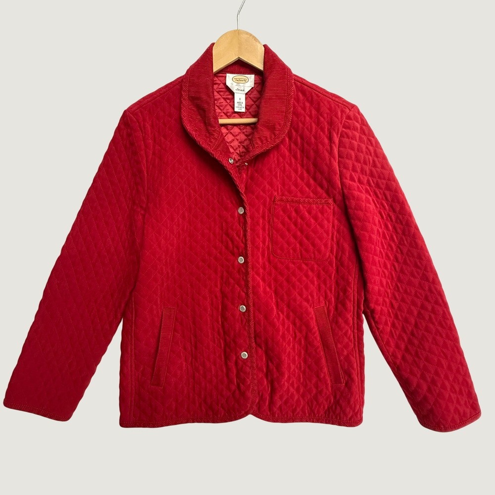 Talbots Red Quilted Jacket Womens 8 Corduroy Trim Snap Front Cottage Preppy